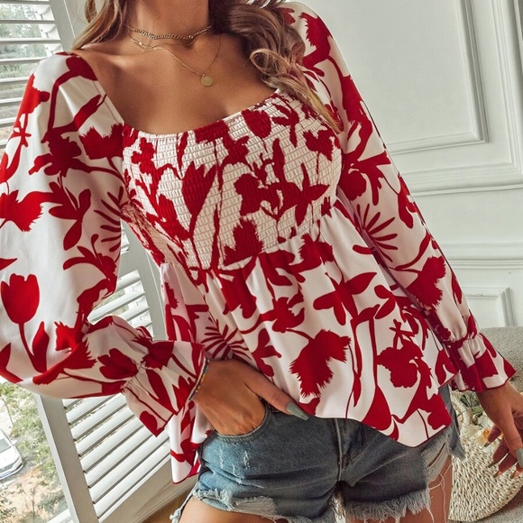 Boho Floral Print Off Shoulder Ruffle Sleeve Blouse - Picture 3 of 8